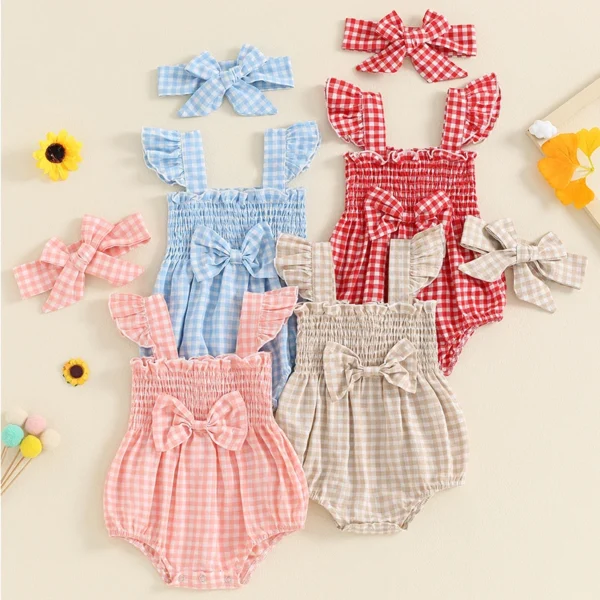 Summer Newborn Infant Baby Girls Rompers Ruffles Sleeveless Strap Plaid Print Smocked Romper Playsuit Jumpsuit with Headband