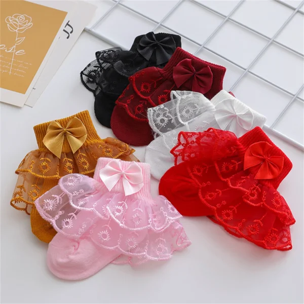 Pudcoco Infant Baby Girls Ruffle Lace Socks, Super Soft Infant Ankle Socks Princess Dress Socks with Bow 3M-2T - Image 2