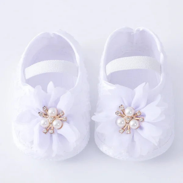 0-18months Baby Girls Shoes And Headband Soft Sole Non-Slip Pearl Flower Princess Wedding Dress Crib Shoes For Newborn Girls - Image 3