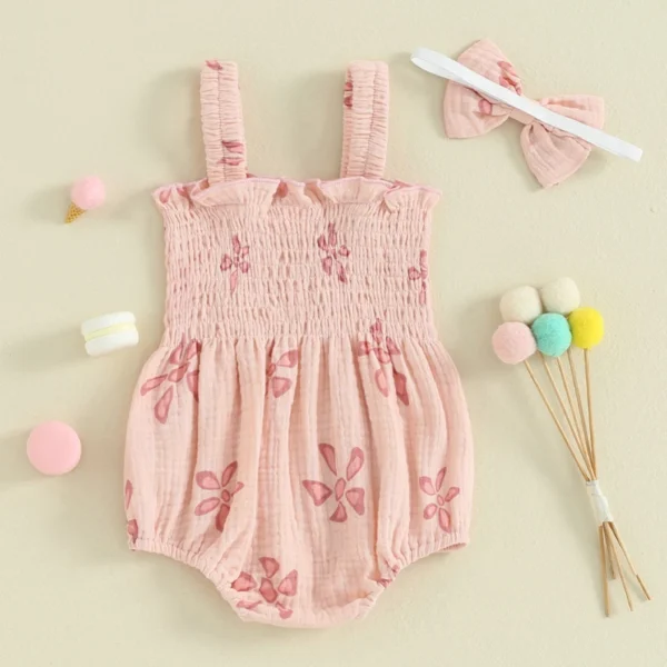 Summer Newborn Infant Baby Girls Romper Playsuit Cotton Pink Sleeveless Floral Printed Baby Jumpsuit with Headband Clothing - Image 6