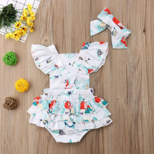 Newborn Baby Girls Summer Romper with Headband Mermaid Printed Ruffle Sleeve Backless Jumpsuit Outfit Fashion Baby Clothing - Image 6