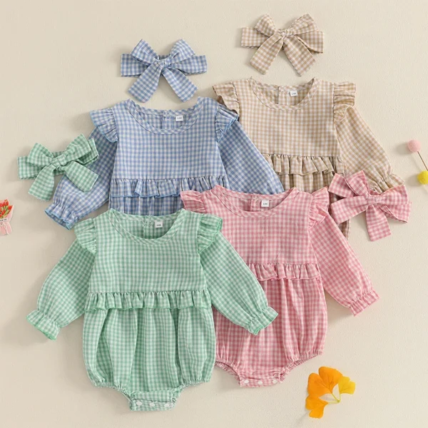 0-18M Spring Autumn Newborn Baby Girls Sweet Rompers Plaid Print Ruffles Long Sleeve Loose Jumpsuits Headband Casual Outfits