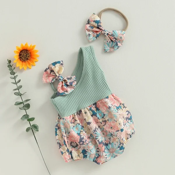 pudcoco Infant Newborn Baby Girl Two Piece Outfits Summer Floral One Shoulder Romper and Stretch Headband Cute Clothes - Image 4