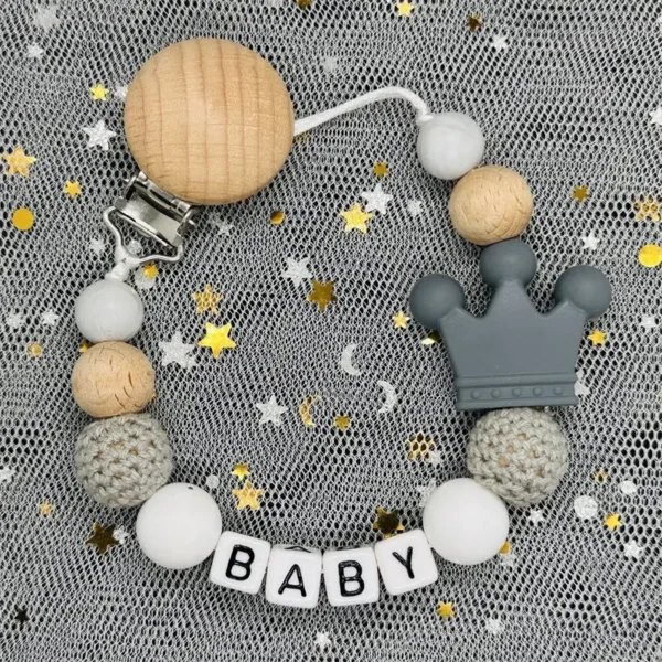 NEW Custom Personalized Name Pacifier Clip Handmade Beech Wooden Chain Silicone Crown Holder Soother Baby Teething Toy Chew Gift - Image 3