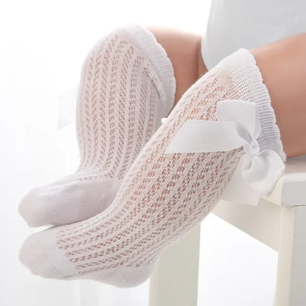 Summer Baby Girls Socks Toddlers Bow Long Sock Kids Knee High Soft Cotton Mesh Spanish Style Hollow Out Lace Stocking 0-12Months - Image 2