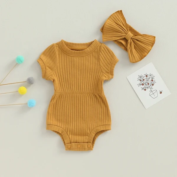 Newborn Baby Girl Clothes Solid Color Ribbed Knit Short Sleeve Romper Bodysuit Jumpsuit with Headband Summer Outfit - Image 2