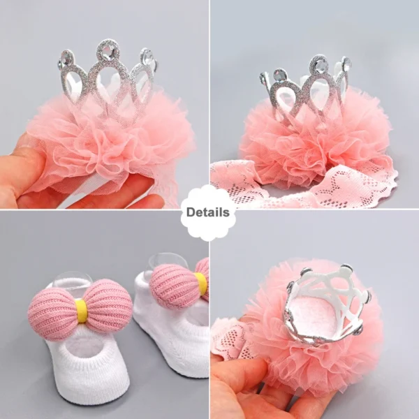 Infant Newborn Baby Girls 3Pcs/Set Slipper Socks Headband Gift Foot Socks Lace Crown Hair Band Accessories Photo Props Meias - Image 2