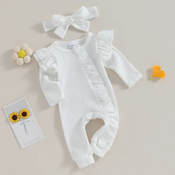 Pudcoco Infant Baby Girl Autumn Jumpsuit Solid Color Round Neck Flying Sleeve Ruffled Zipper Romper with Bow Headband 0-12M - Image 2