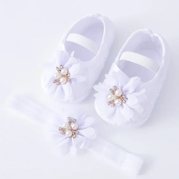 0-18months Baby Girls Shoes And Headband Soft Sole Non-Slip Pearl Flower Princess Wedding Dress Crib Shoes For Newborn Girls - Image 2