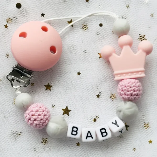 NEW Custom Personalized Name Pacifier Clip Handmade Beech Wooden Chain Silicone Crown Holder Soother Baby Teething Toy Chew Gift - Image 4