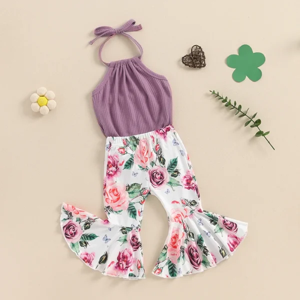 Baby Girl Clothes Rib Knit Romper Floral Flare Pants Set Cute 2Pc Infant Girls Summer Outfits 0 6 12 18 24 Months - Image 2