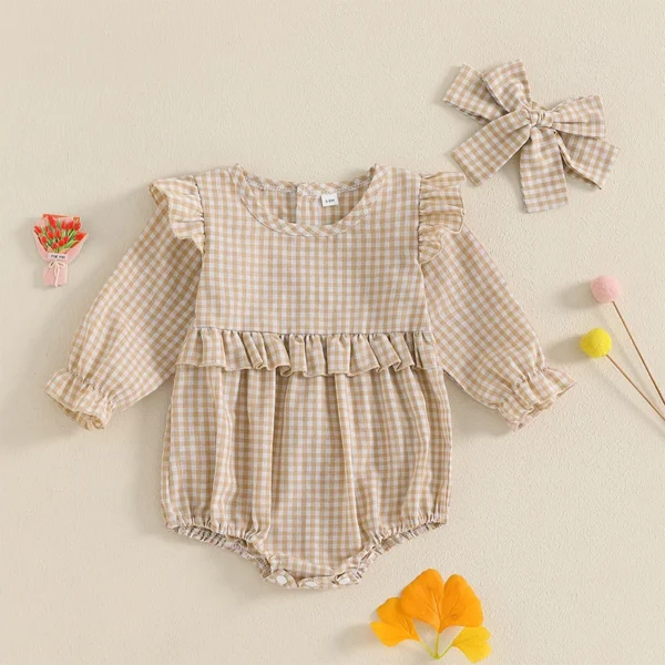 0-18M Spring Autumn Newborn Baby Girls Sweet Rompers Plaid Print Ruffles Long Sleeve Loose Jumpsuits Headband Casual Outfits - Image 2