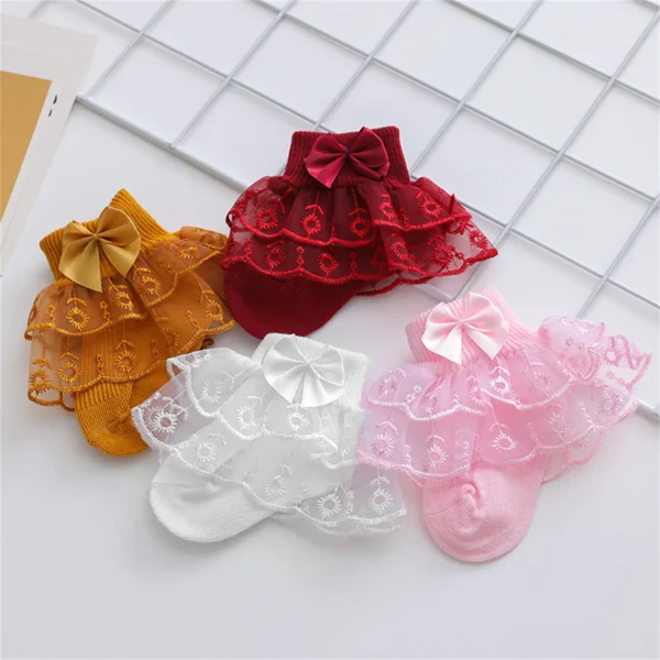 Pudcoco Infant Baby Girls Ruffle Lace Socks, Super Soft Infant Ankle Socks Princess Dress Socks with Bow 3M-2T