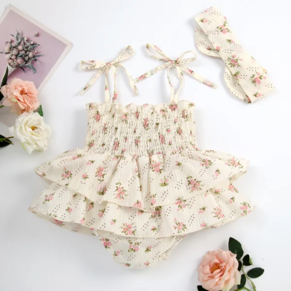 Infant Baby Girl Summer Jumpsuit Set Floral Elasticated Bust Sleeveless Strap Ruffled Romper with Bow Headband Outfit - Image 2