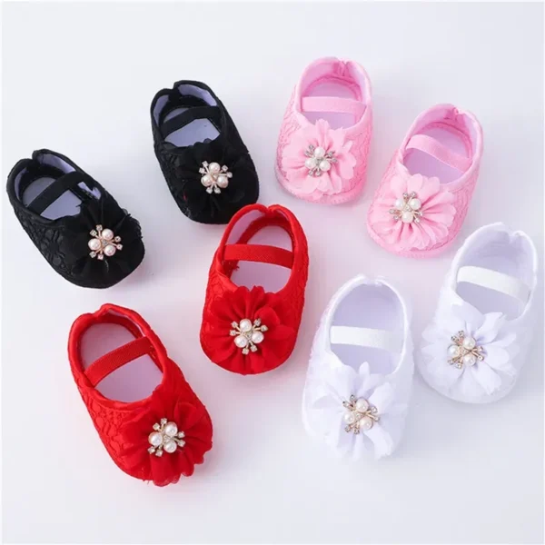 0-18months Baby Girls Shoes And Headband Soft Sole Non-Slip Pearl Flower Princess Wedding Dress Crib Shoes For Newborn Girls - Image 5