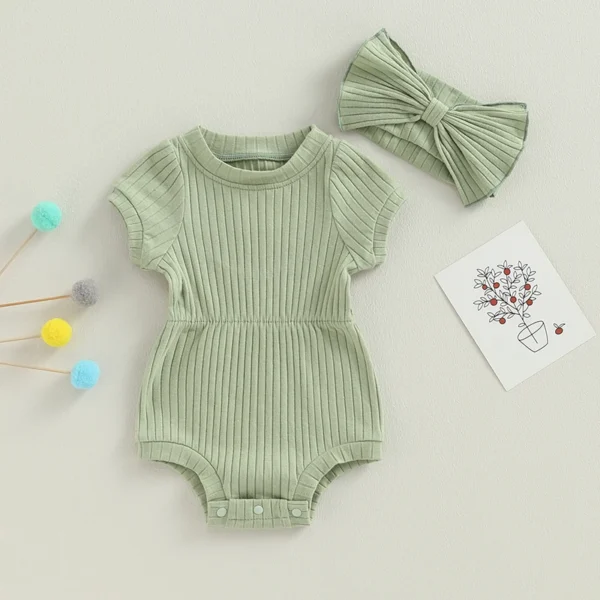 Newborn Baby Girl Clothes Solid Color Ribbed Knit Short Sleeve Romper Bodysuit Jumpsuit with Headband Summer Outfit - Image 5