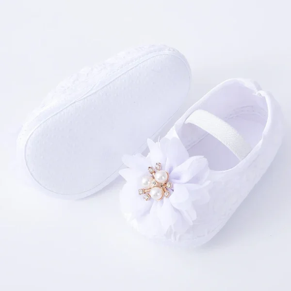 0-18months Baby Girls Shoes And Headband Soft Sole Non-Slip Pearl Flower Princess Wedding Dress Crib Shoes For Newborn Girls - Image 4