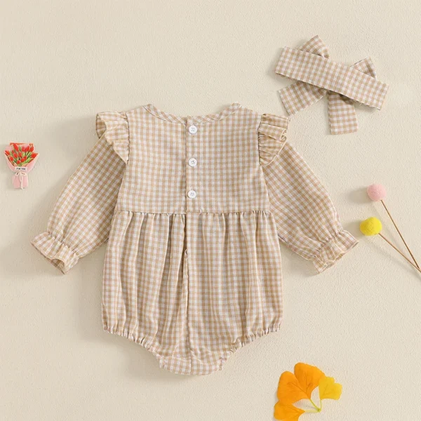 0-18M Spring Autumn Newborn Baby Girls Sweet Rompers Plaid Print Ruffles Long Sleeve Loose Jumpsuits Headband Casual Outfits - Image 3