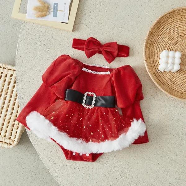 Suefunskry Baby Girls Christmas Romper Dress Sequins Stars Moon Patchwork Skirt Plush Hem Long Sleeve Bodysuit with Headband