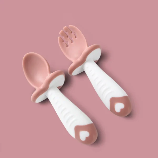 2Pcs/Set Baby Spoon Fork Silicone Children's Cutlery Set Feeding Baby Baby Tableware Baby Learn Spoon Set Short Easy Spoon - Image 2