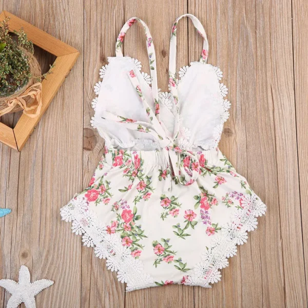 0-24months Baby Girls Summer Sleeveless Romper Floral Print Lace Patchwork Jumpsuit For Infant Girls Backless Princess Bodysuit - Image 2