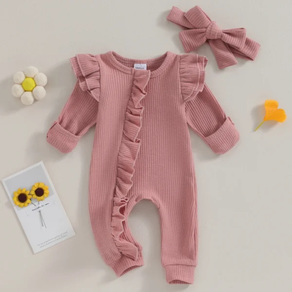 Pudcoco Infant Baby Girl Autumn Jumpsuit Solid Color Round Neck Flying Sleeve Ruffled Zipper Romper with Bow Headband 0-12M - Image 4