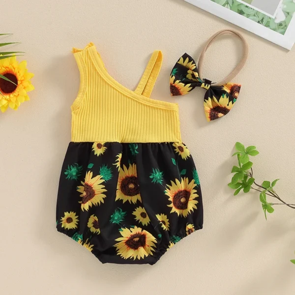 Baby Girl 2 Piece Summer Clothes Sets Sunflower Print Sleeveless Frill Trim Ribbed Romper + 3D Bow Headband Newborn Outfits - Image 3